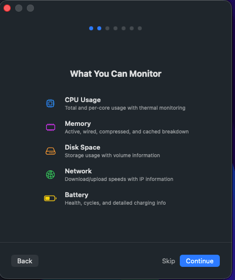 OtterStat onboarding screen explaining available monitoring categories.